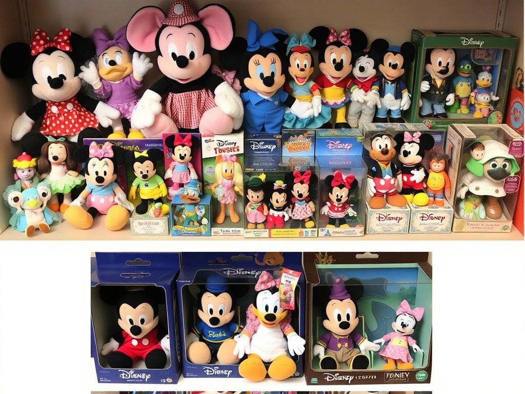 variety of Disney collectibles including plush, figures, and boxed items arranged neatly with labels