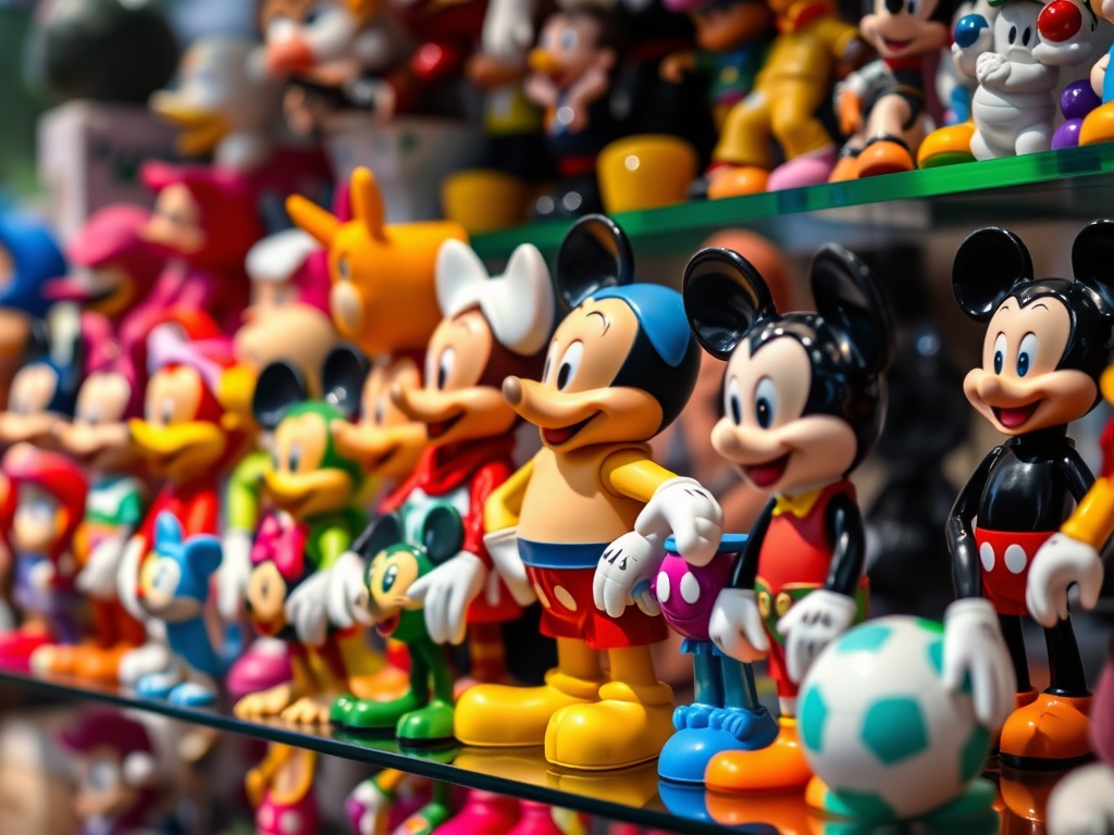 vivid description of various Disney Toys and Figures lined up on display