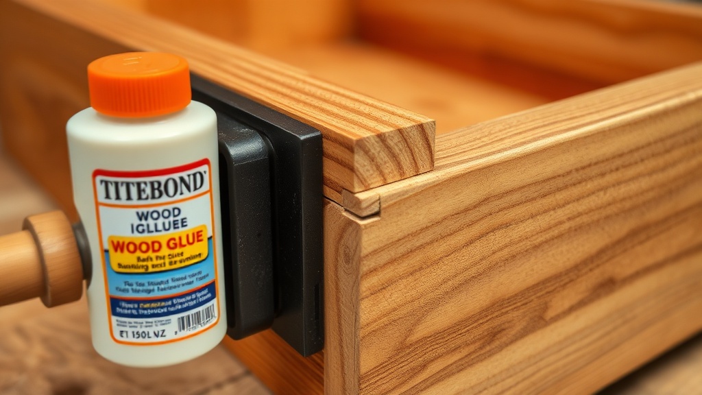 Close up of a wooden drawer joint being glued and clamped with Titebond wood glue in a practical DIY workshop.