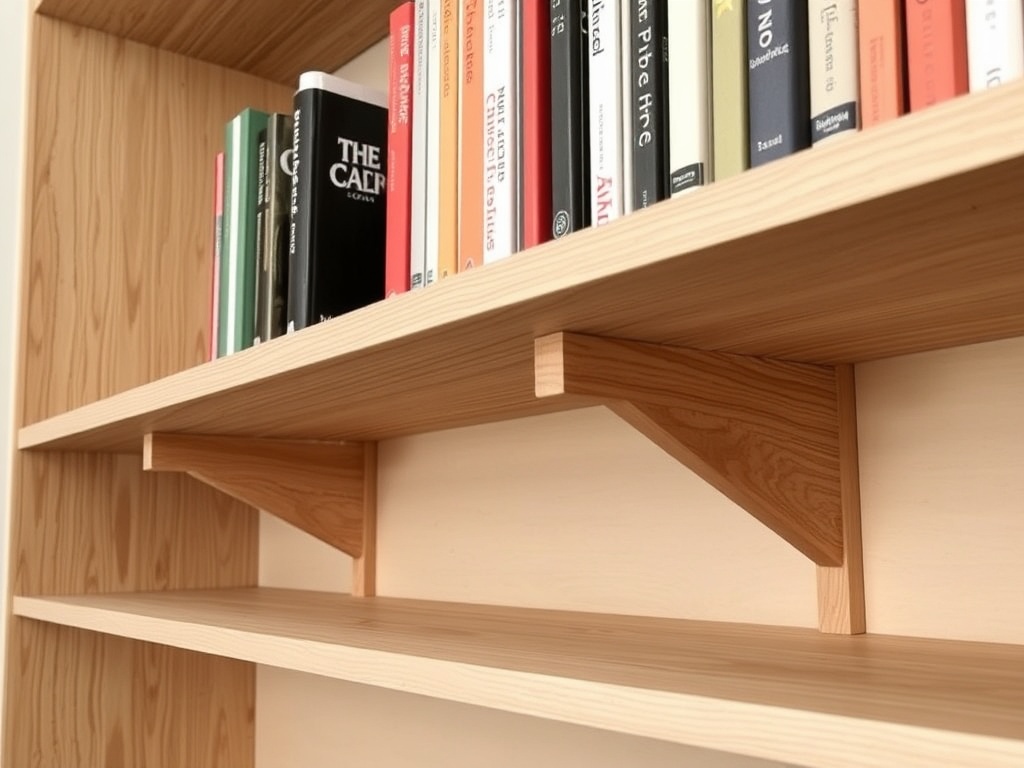 angled view of a sagging bookshelf with added support cleats under white oak shelves