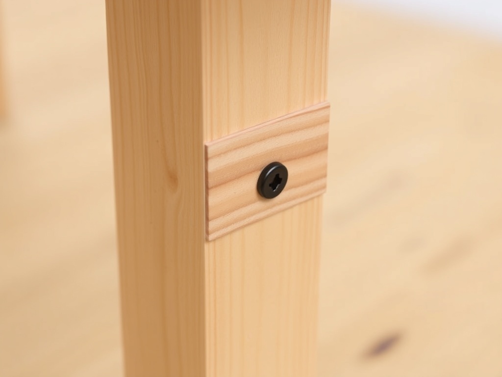 close-up of a wooden table leg being braced with a diagonal oak shim, matte black screws visible