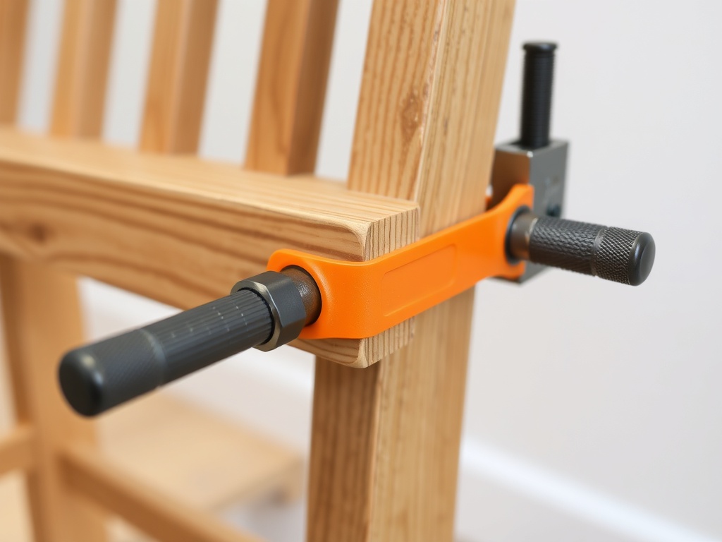 close-up of clamp securing wooden joint on a freshly glued oak chair