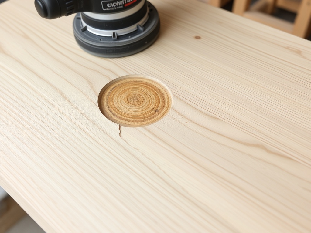 damaged white oak surface with deep dent being repaired using epoxy and sanding tools