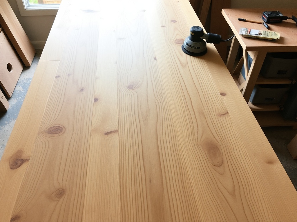 freshly oiled white oak table top with sanding tools nearby