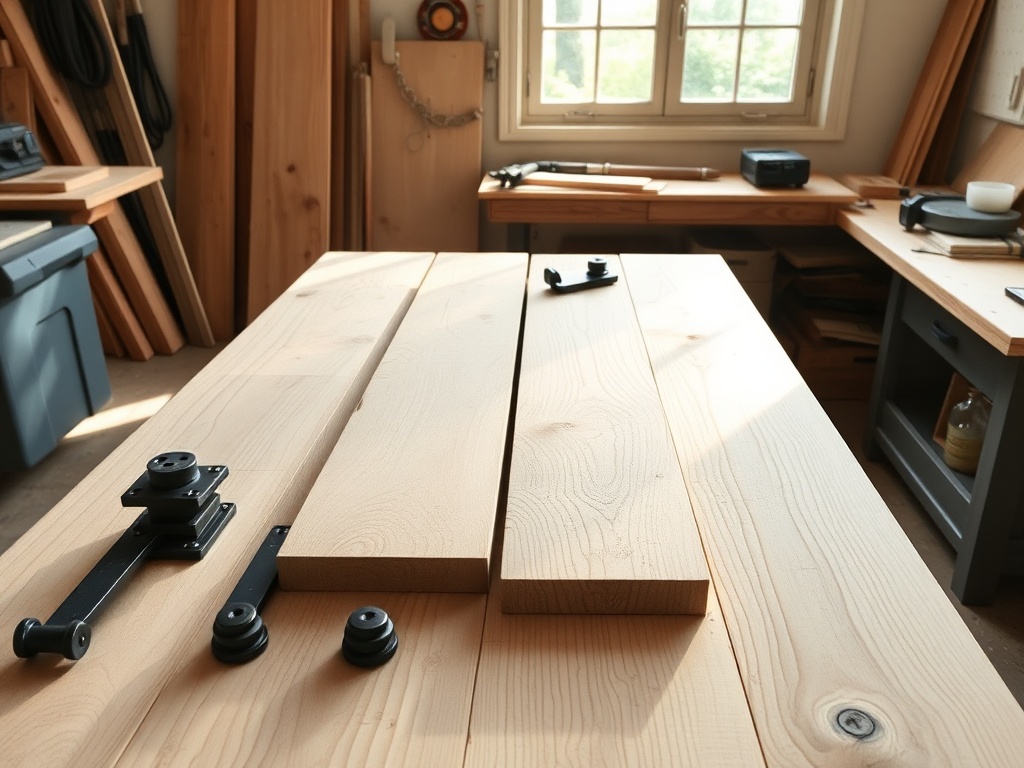raw white oak planks and matte black hardware laid out on a workshop table, sunlight streaming through a window