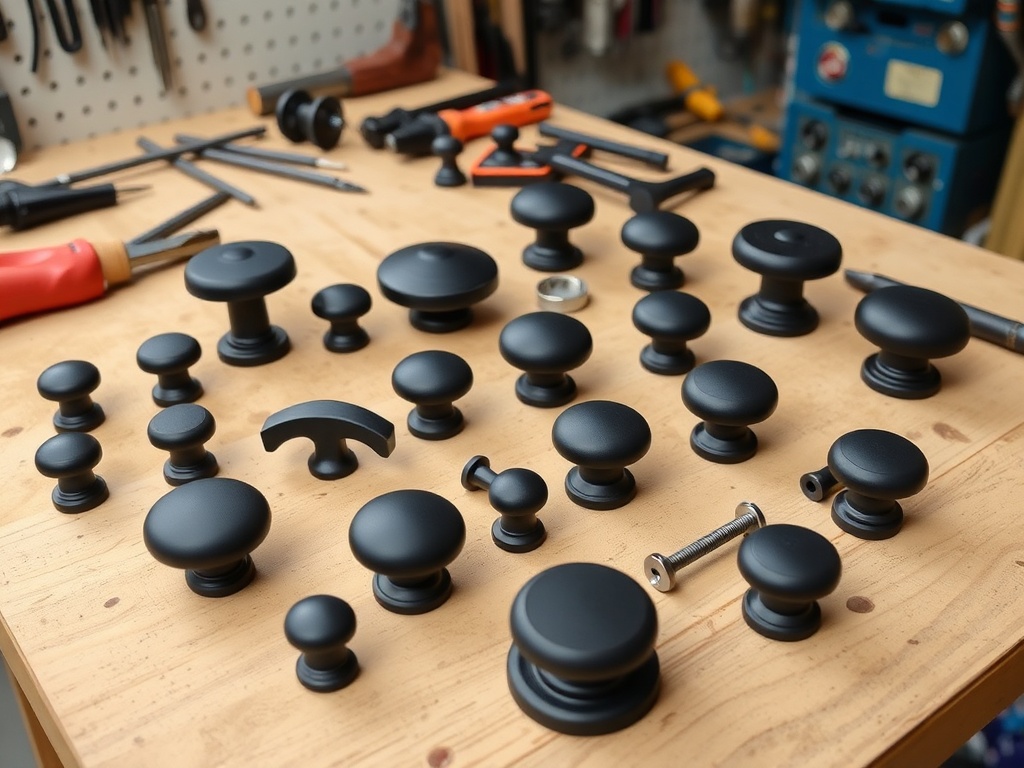 selection of matte black knobs and drawer pulls arranged on workshop bench with tools