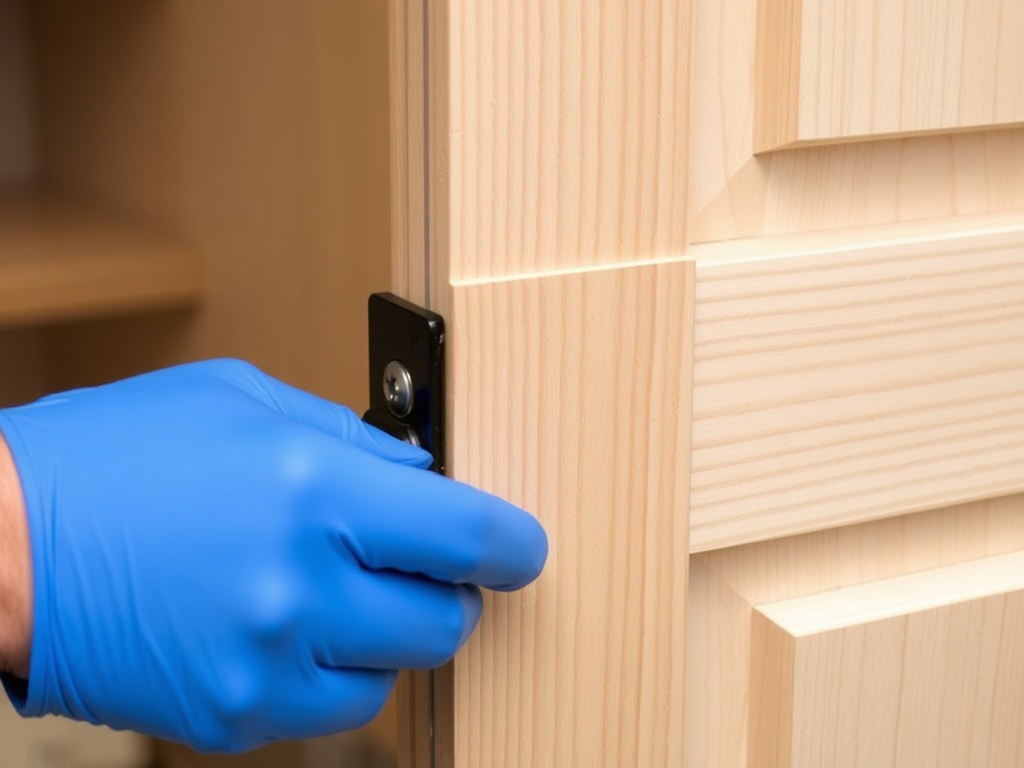 wooden cabinet door with hinge shims being adjusted for proper alignment