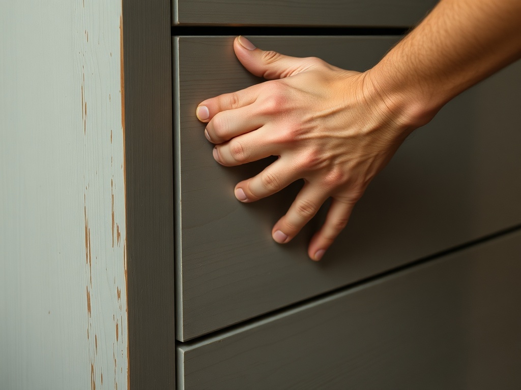 close-up of hands testing dresser frame stability by applying lateral pressure, slight twisting visible