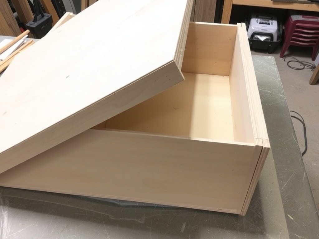 drawer box flipped over with added plywood base and corner reinforcement blocks being glued