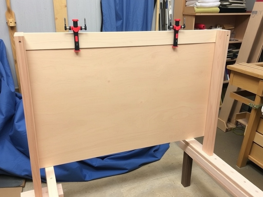 installing a solid plywood back panel onto a dresser frame using clamps and screws in a workshop