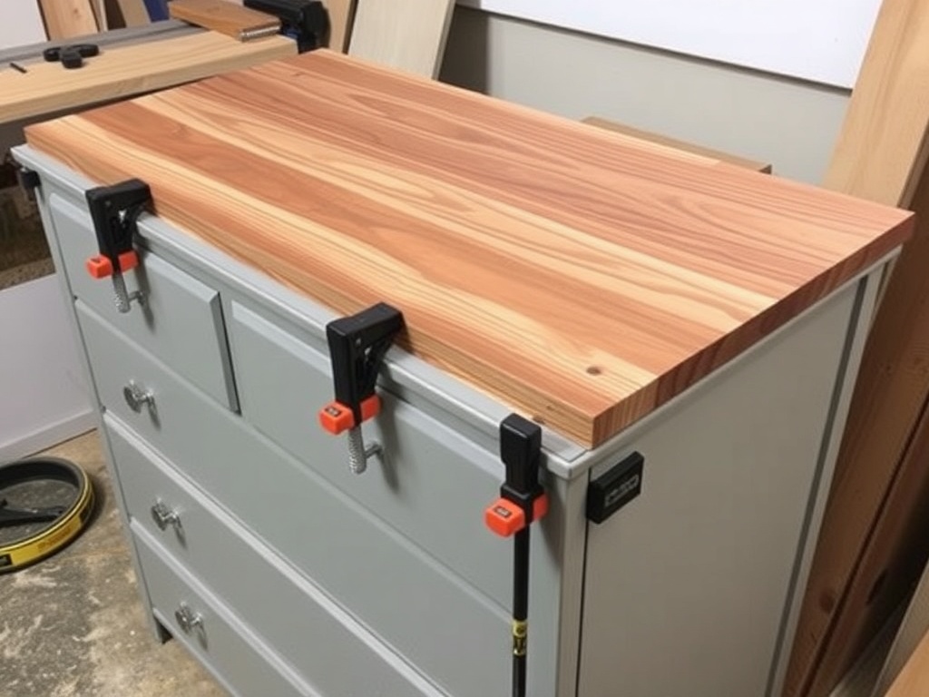 installing a thicker wood top onto a dresser with clamps holding it in place