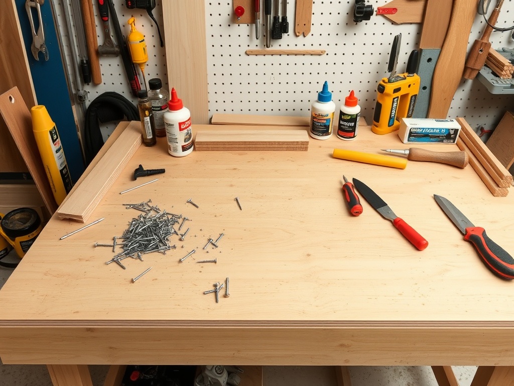 organized workshop table showing plywood, screws, glue, and tools neatly laid out