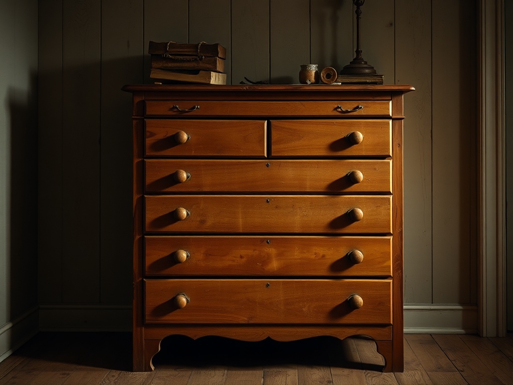 wobbly particle board dresser in a dim room, drawers slightly misaligned, visible gaps and sagging structure