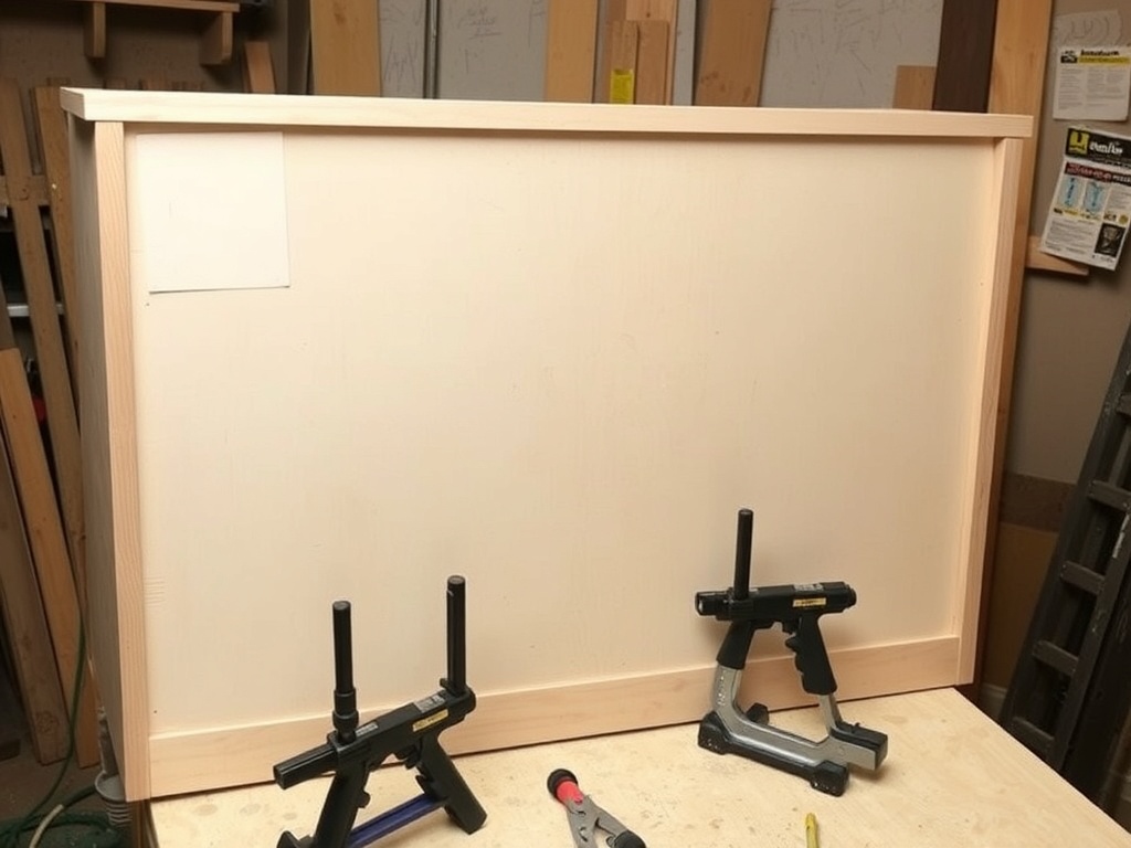 back of dresser being reinforced with plywood panel, tools and clamps visible