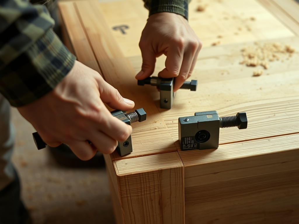 close-up of hands inspecting dresser joints and applying wood glue clamps in a workshop, sawdust visible