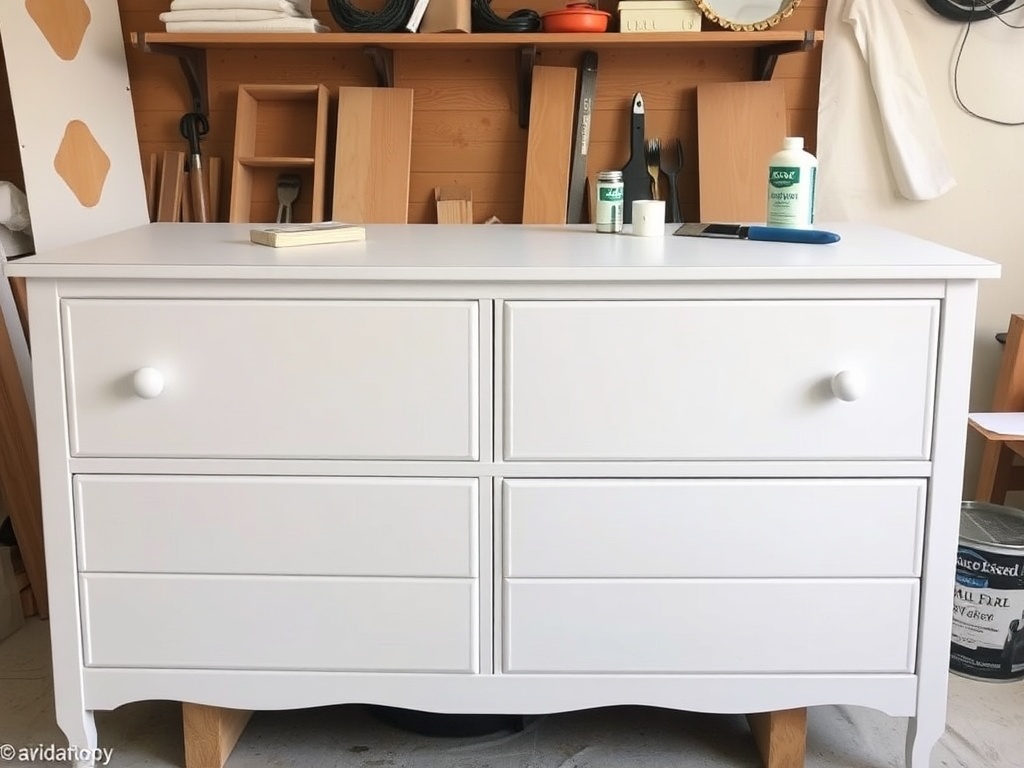 dresser primed in matte white, smooth finish, workshop setting with paint tools