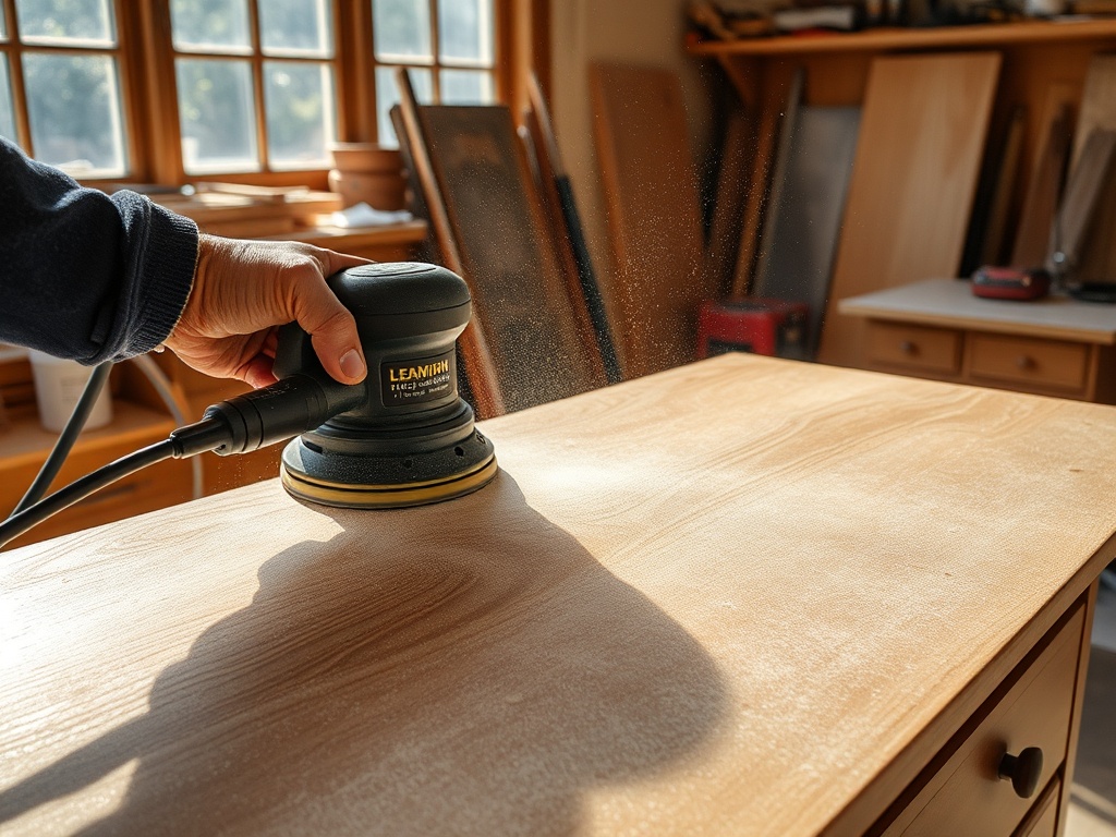 dresser surface being sanded with orbital sander, fine dust in sunlight, workshop environment