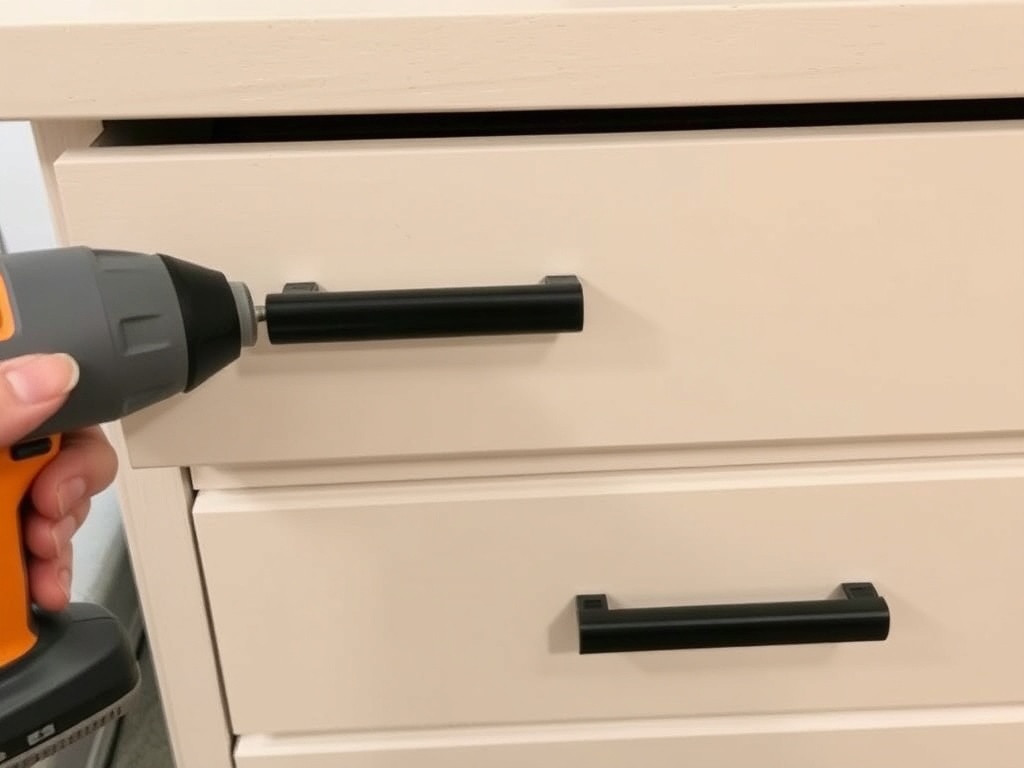 installing matte black drawer pulls on finished dresser, precise drilling and alignment