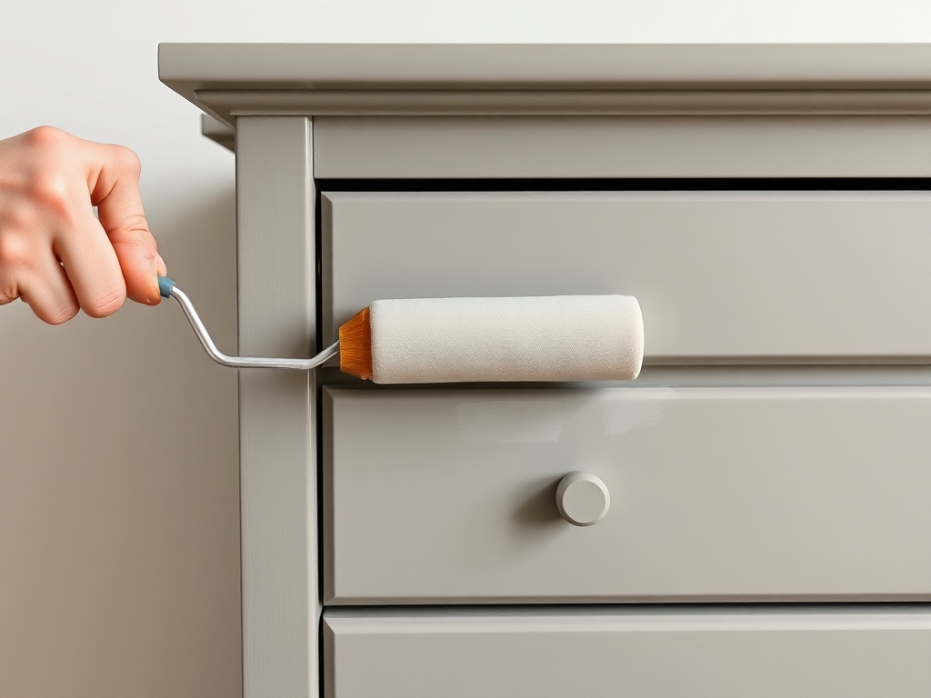 painting dresser frame with smooth matte paint using roller and brush, clean controlled strokes