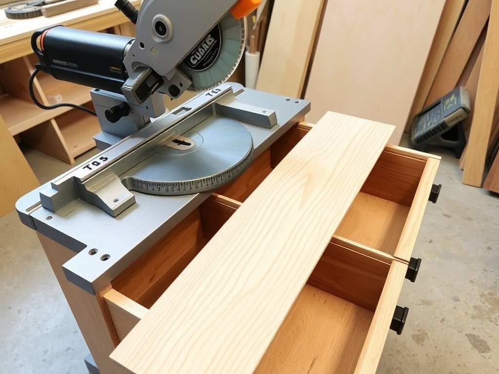 white oak panels being cut on a miter saw and aligned onto dresser drawer fronts, clean workshop aesthetic