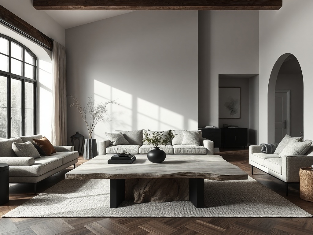 a moody living room with balanced textures, raw white oak table, matte black accents, soft natural light, architectural composition