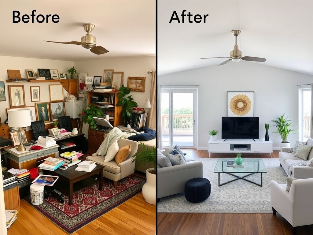 before and after living room comparison, one cluttered with mismatched decor, one clean balanced modern design with clear hierarchy