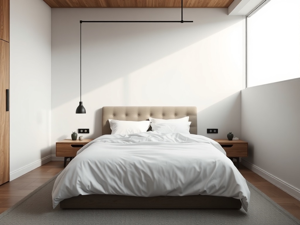 minimal modern bedroom with balanced proportions, white bedding, oak wood accents, black metal lighting, soft shadows