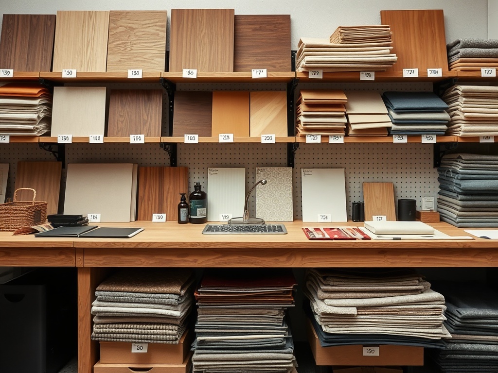 organized workspace with labeled material samples, wood tones, fabric swatches arranged in 60-30-10 ratio layout