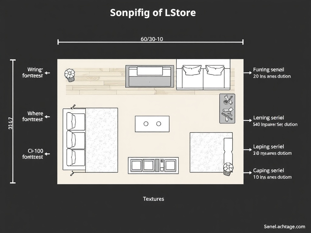 top-down diagram of a living room layout showing 60-30-10 zones with furniture and textures labeled, clean architectural style