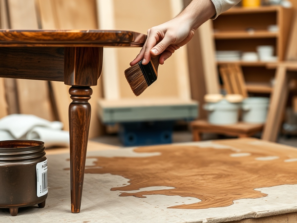 applying oil-based stain to mid-century table with brush, workshop background