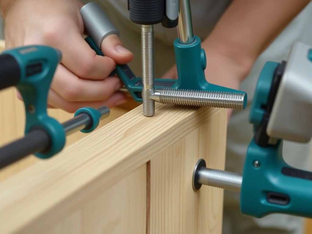 applying white oak shims to furniture joints, close-up of clamps in action