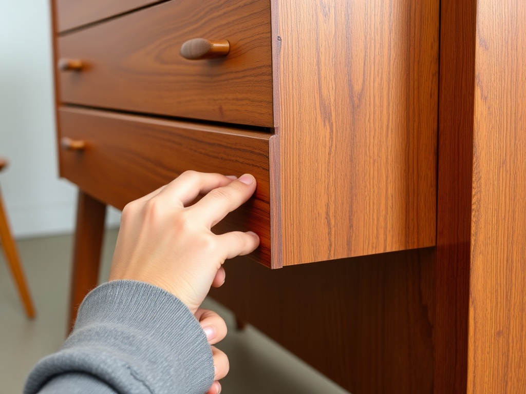 detailed inspection of mid-century wooden furniture, labeling hardware pieces