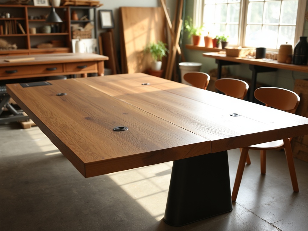final upcycled mid-century table, matte black hardware, finished in sunlit workshop