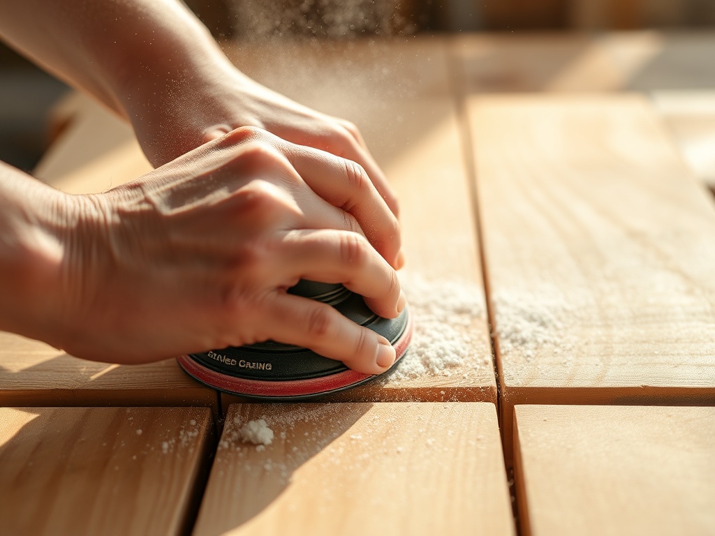 hands sanding wooden surface, close-up with dust particles in sunlight