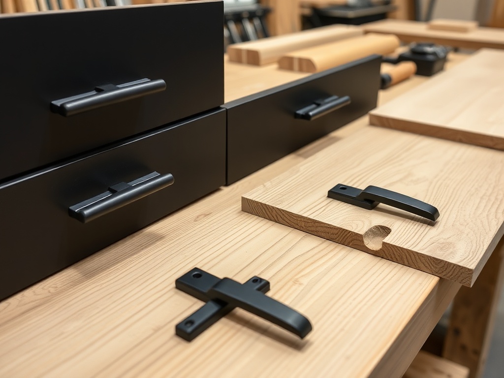 matte black drawer pulls and hinges next to raw oak wood pieces on workbench