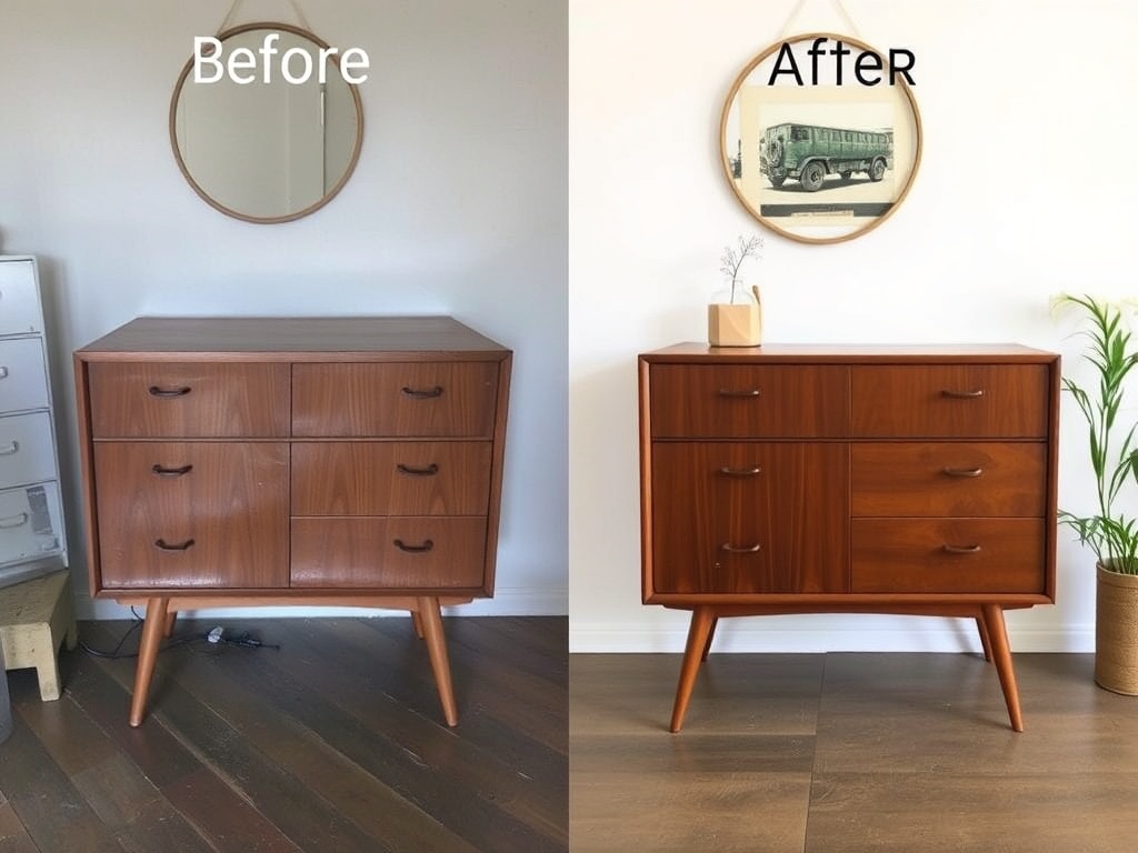 photographs showing before, mistakes, and after of mid-century furniture project