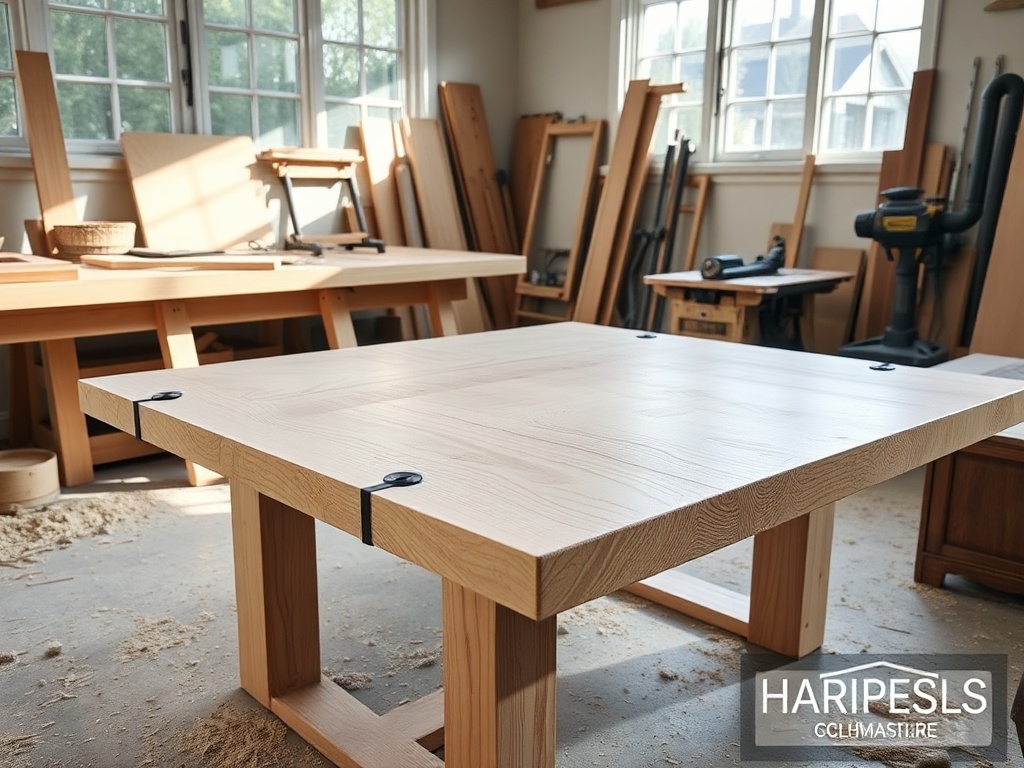 raw white oak table with matte black hardware in a sunlit workshop, showing sawdust and tools