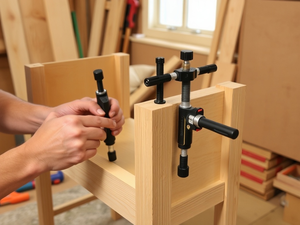 reassembling wooden furniture, using clamps and checking alignment