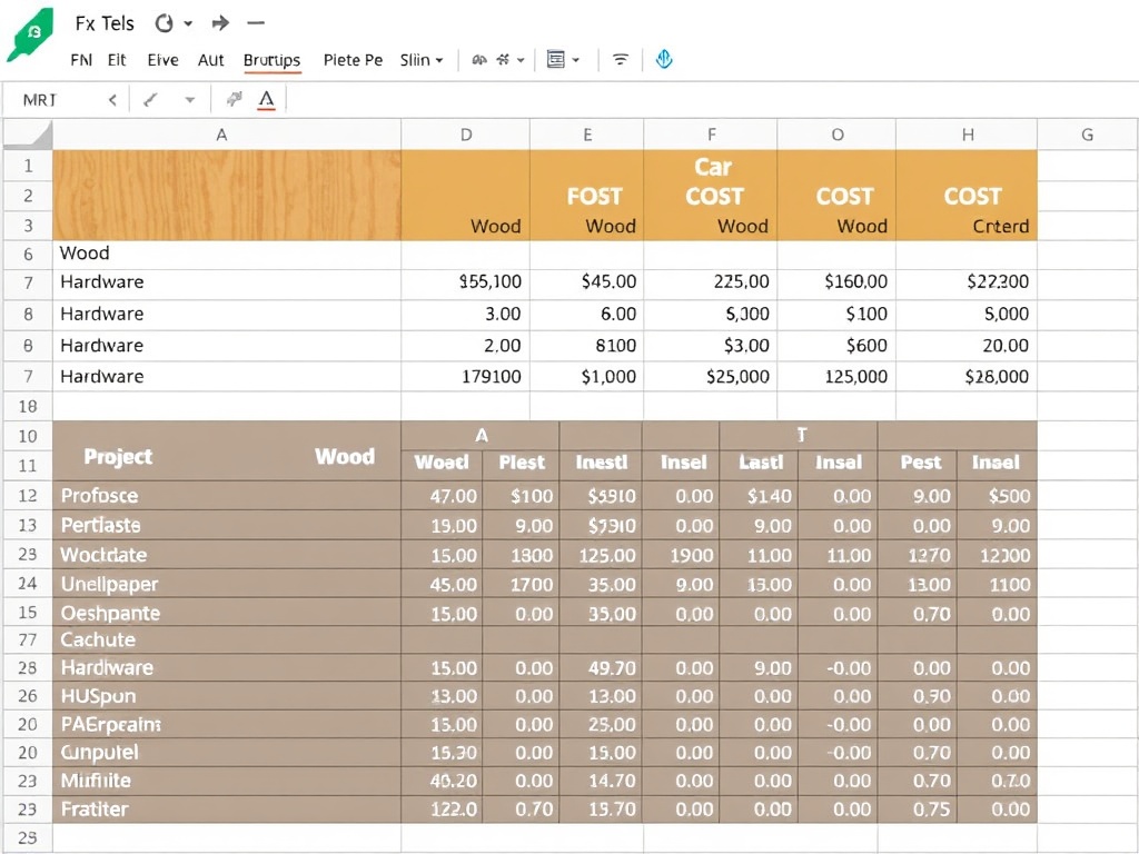 spreadsheet of project costs with wood, hardware, and consumables