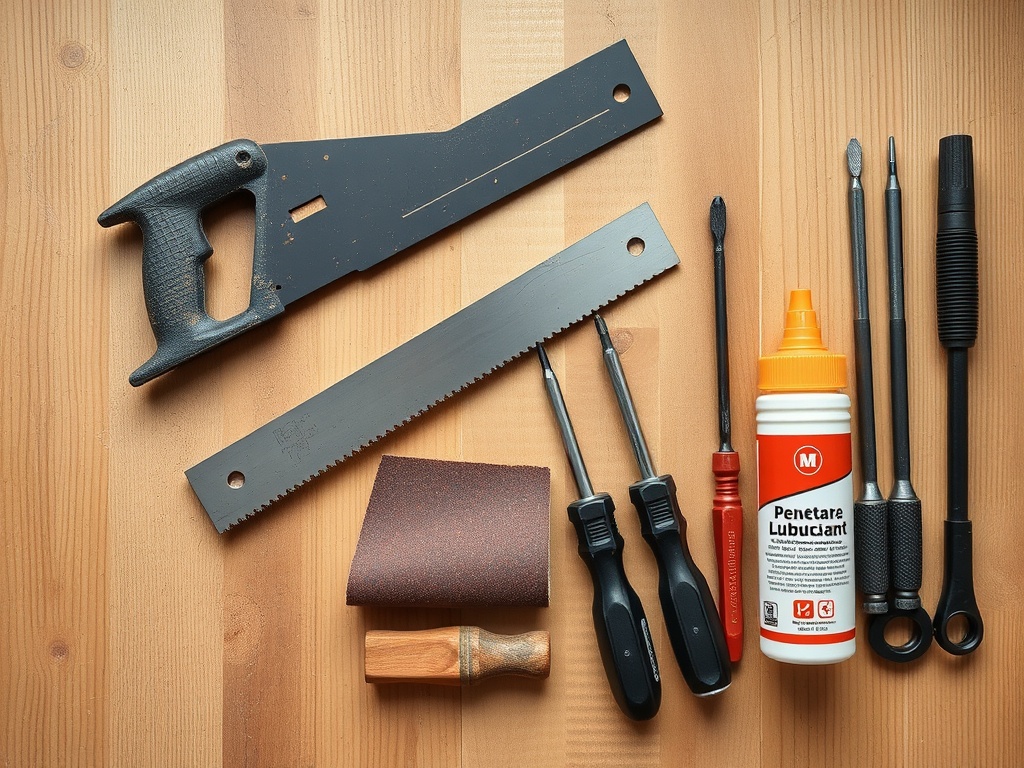 tools laid out: Japanese pull saw, sandpaper, screwdrivers, penetrating lubricant