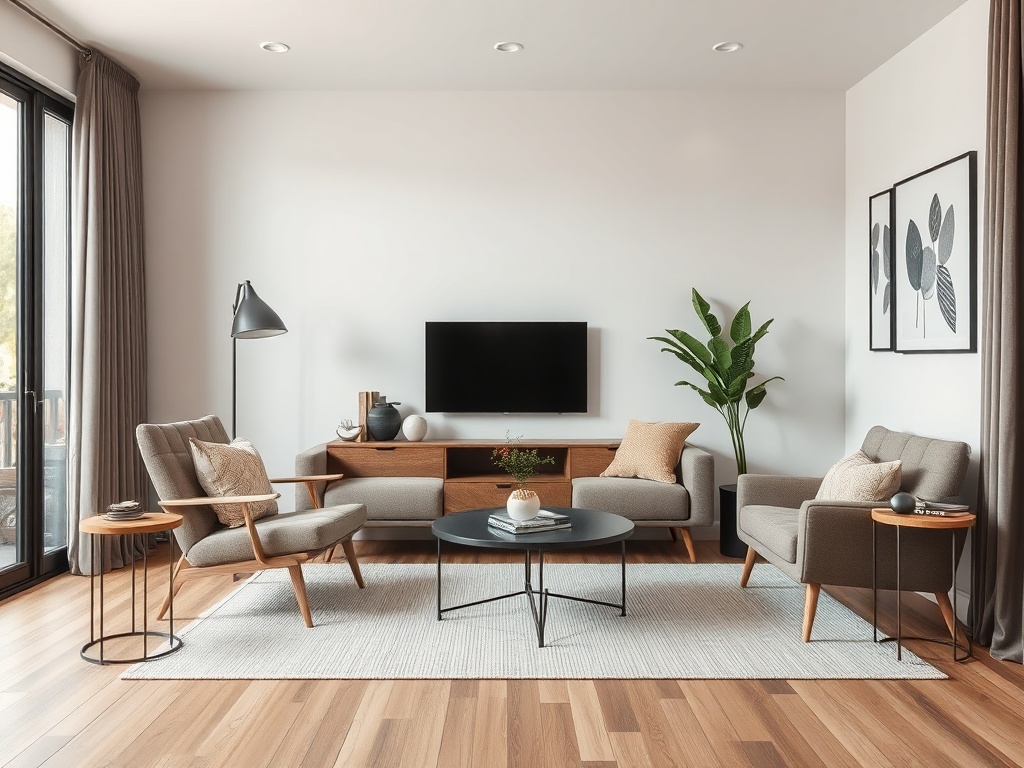 cohesive small living room material palette wood metal textile harmony minimal warm tones