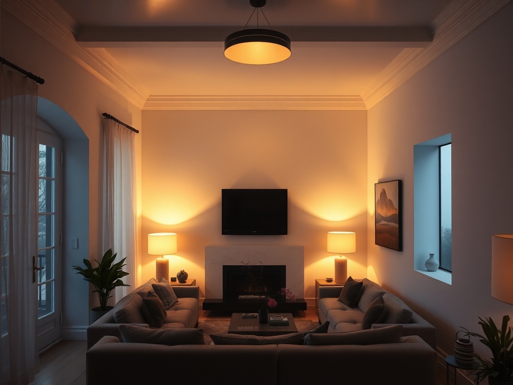 layered lighting small living room warm glow multiple light sources depth shadows cozy architectural interior