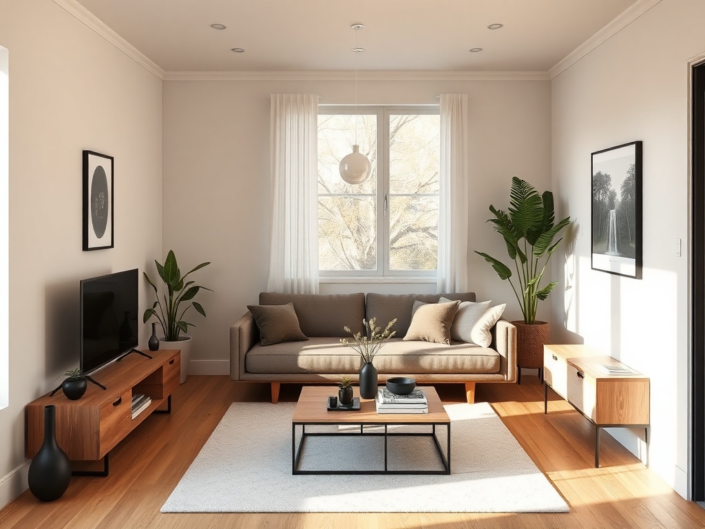 small apartment living room with intentional layout, clean lines, natural wood furniture, matte black accents, warm natural light, architectural composition