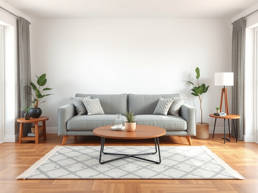 small living room sofa pulled off wall properly sized rug under furniture balanced layout warm wood tones modern minimal