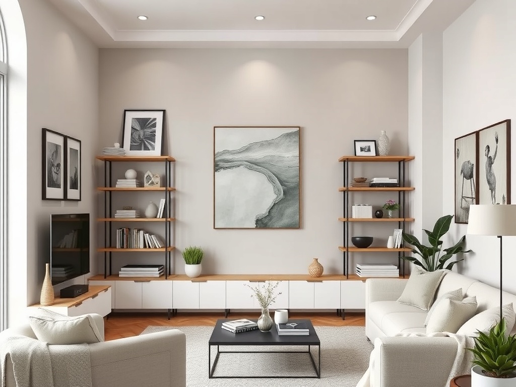 small living room vertical shelving tall lighting artwork properly hung eye level clean modern interior