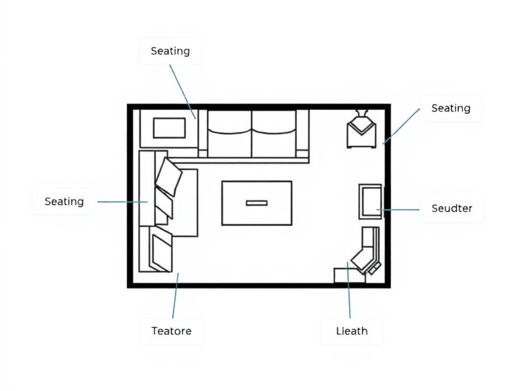 top down layout diagram of small living room zones labeled anchor seating area circulation path and negative space minimalist blueprint style
