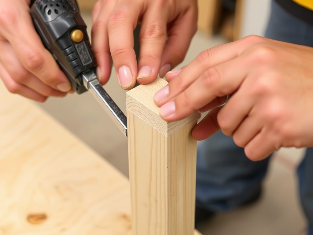 cutting small wood shim sanding flush to table leg seamless repair close up