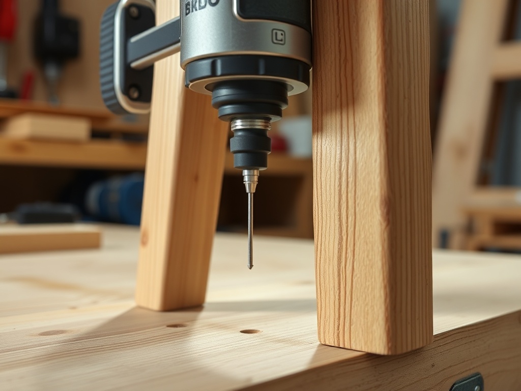 drilling pilot hole in wood furniture leg clean workshop lighting precise alignment