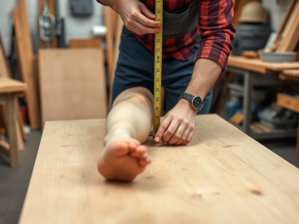 person inspecting upside down table measuring leg length with tape measure workshop setting