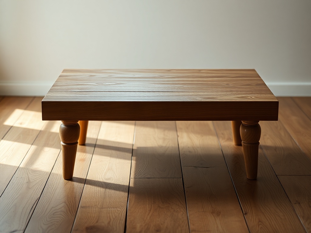 wobbly coffee table on uneven floor natural light visible gap under leg raw wood texture